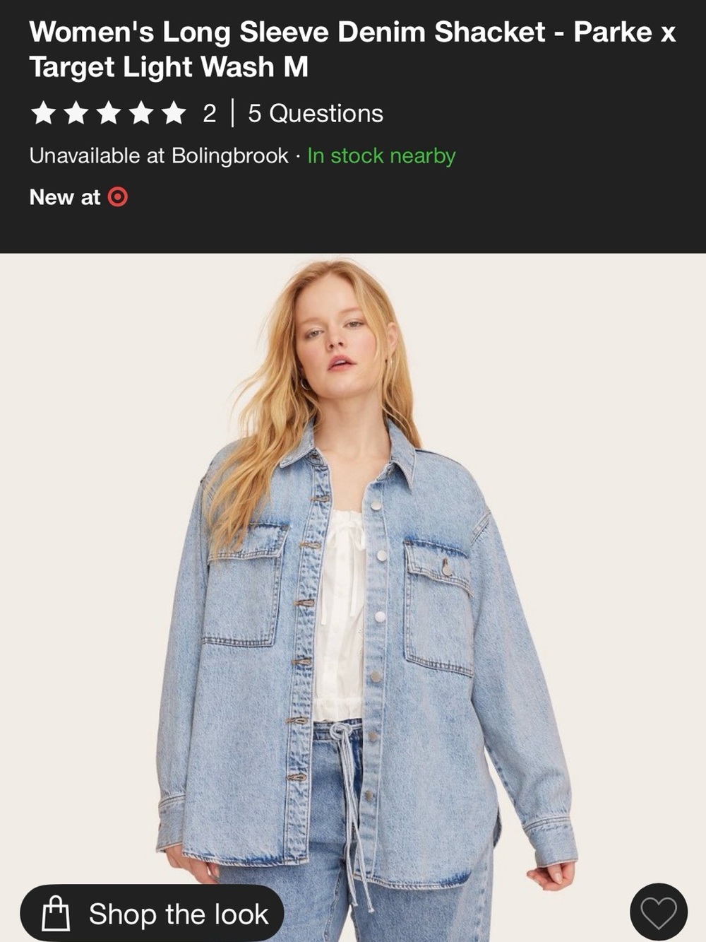Women's Long Sleeve Denim Shacket - Parke x
Target Light Wash